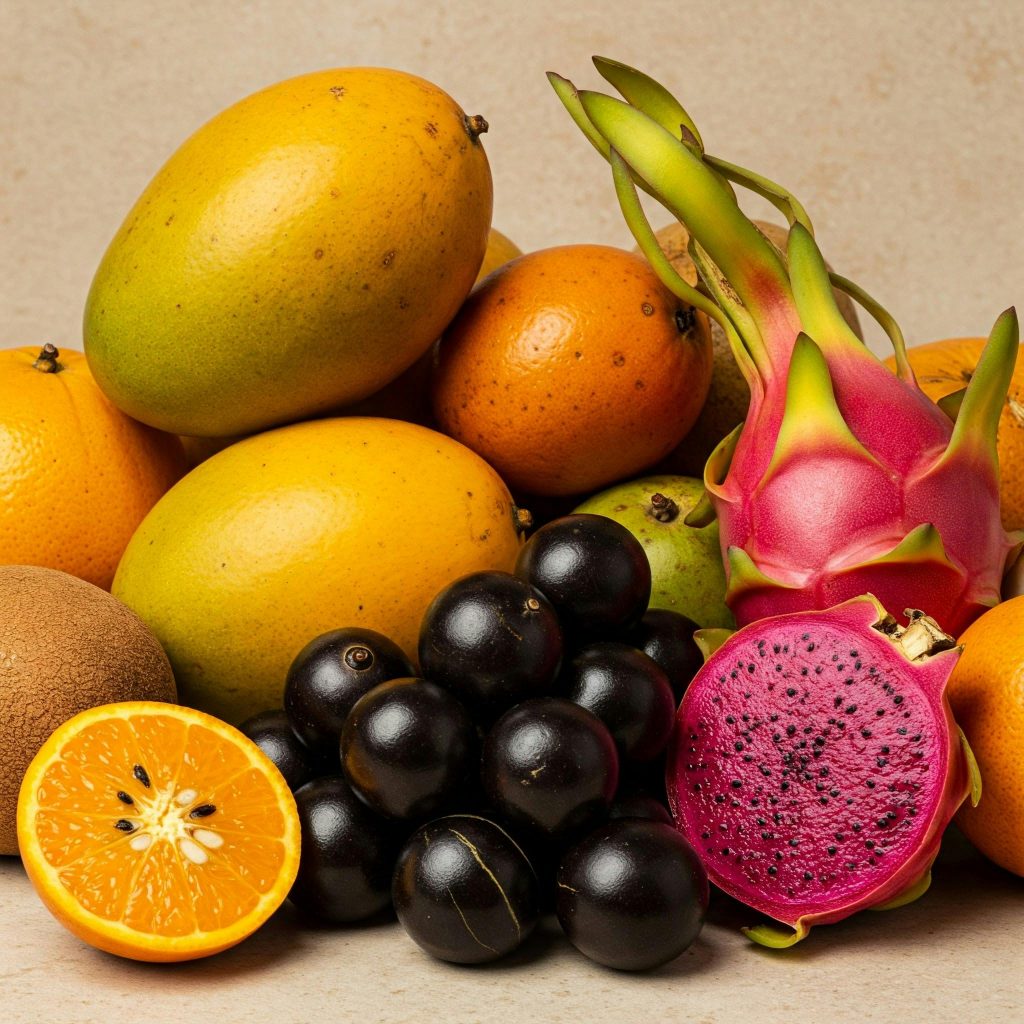 A vibrant display of tropical fruits including mangoes, dragon fruit, and citrus against a neutral background.